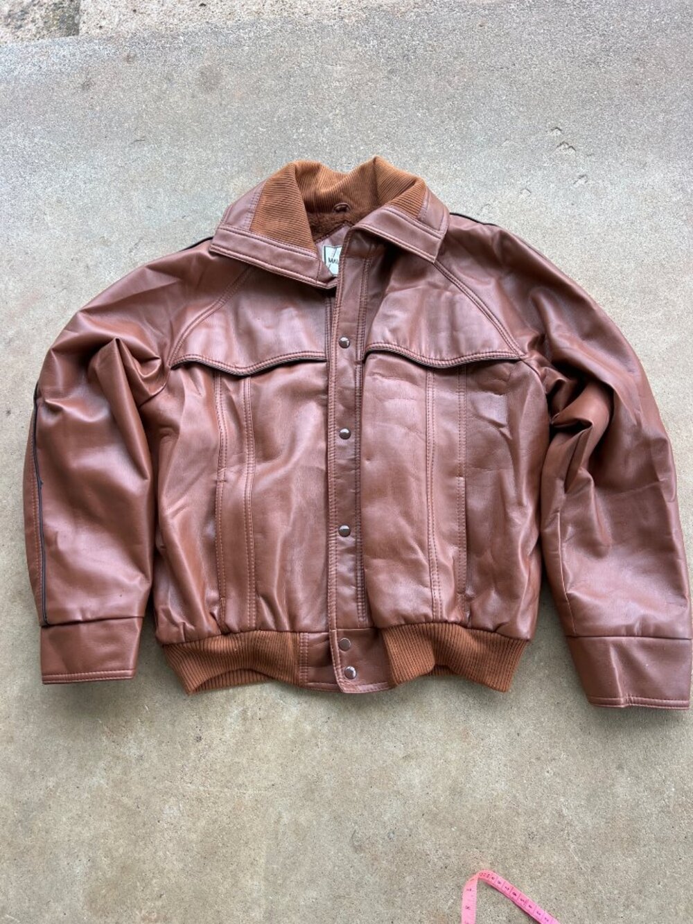 Vintage Male Duds Brown Faux Leather Jacket With Fleece Lining & Ribbed Trim - S